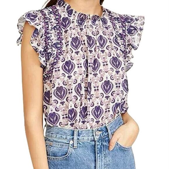 Sea New York Brigitte Border Top Violet Flutter Sleeves Cottage Victorian Tank L - Picture 1 of 10